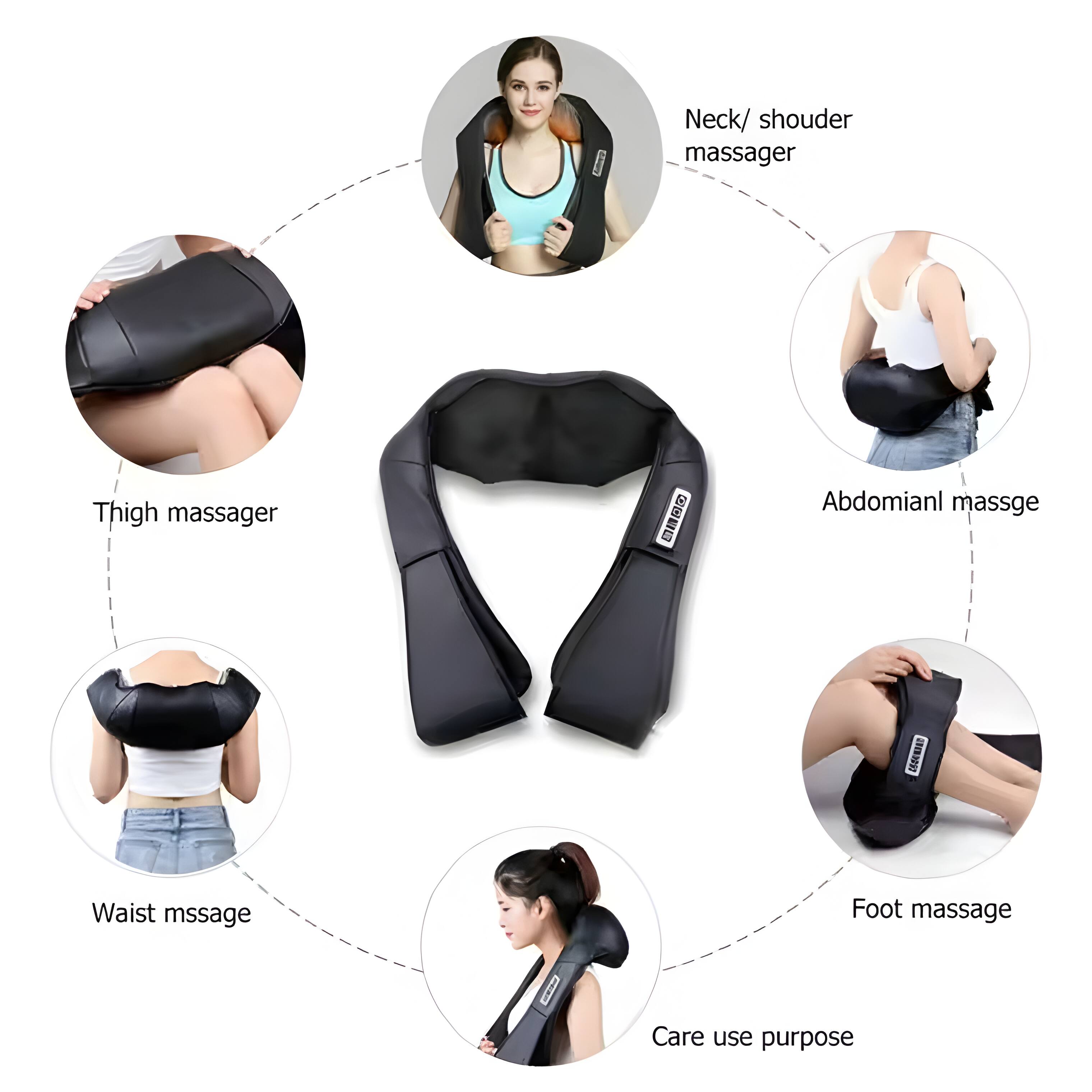 Neck/shoulder massager  
Thigh massager  
Abdominal massager  
Waist massager  
Foot massage  
Care use purpose