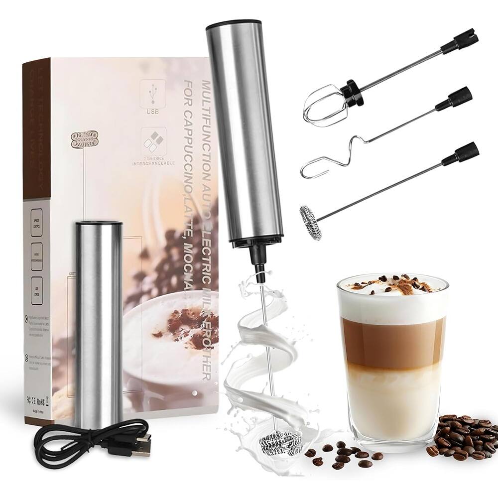 ACJPR - Rechargeable Milk Frother – 4 Whisk Tools, USB Powered Handheld Mixer - Silver