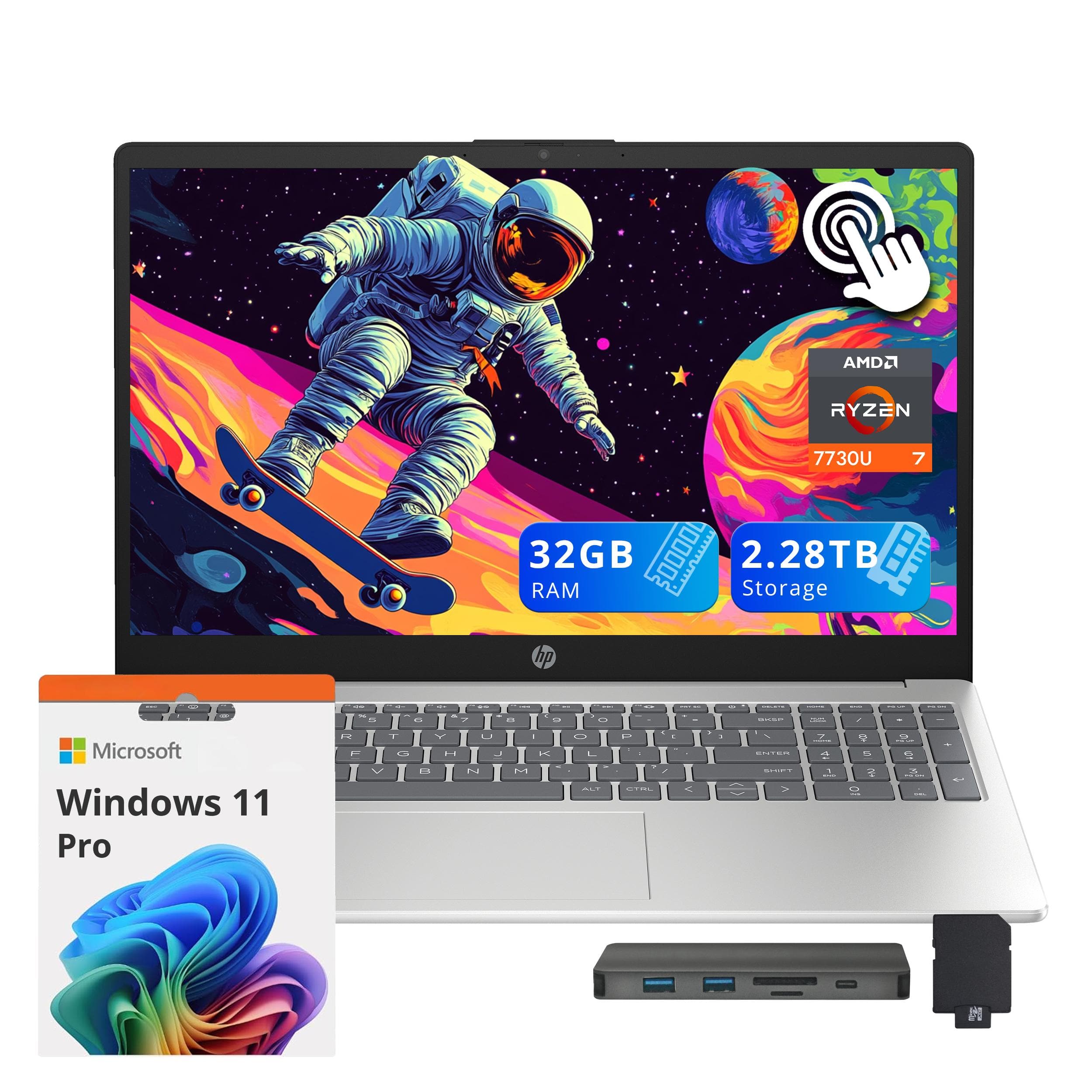 HP - Upgraded - 15.6" FHD Touchscreen Laptop,AMD Ryzen 7 7730U,32GB RAM,2TB SSD+288GB Dock Set,AMD Radeon graphics,Win 11 Pro - Silver