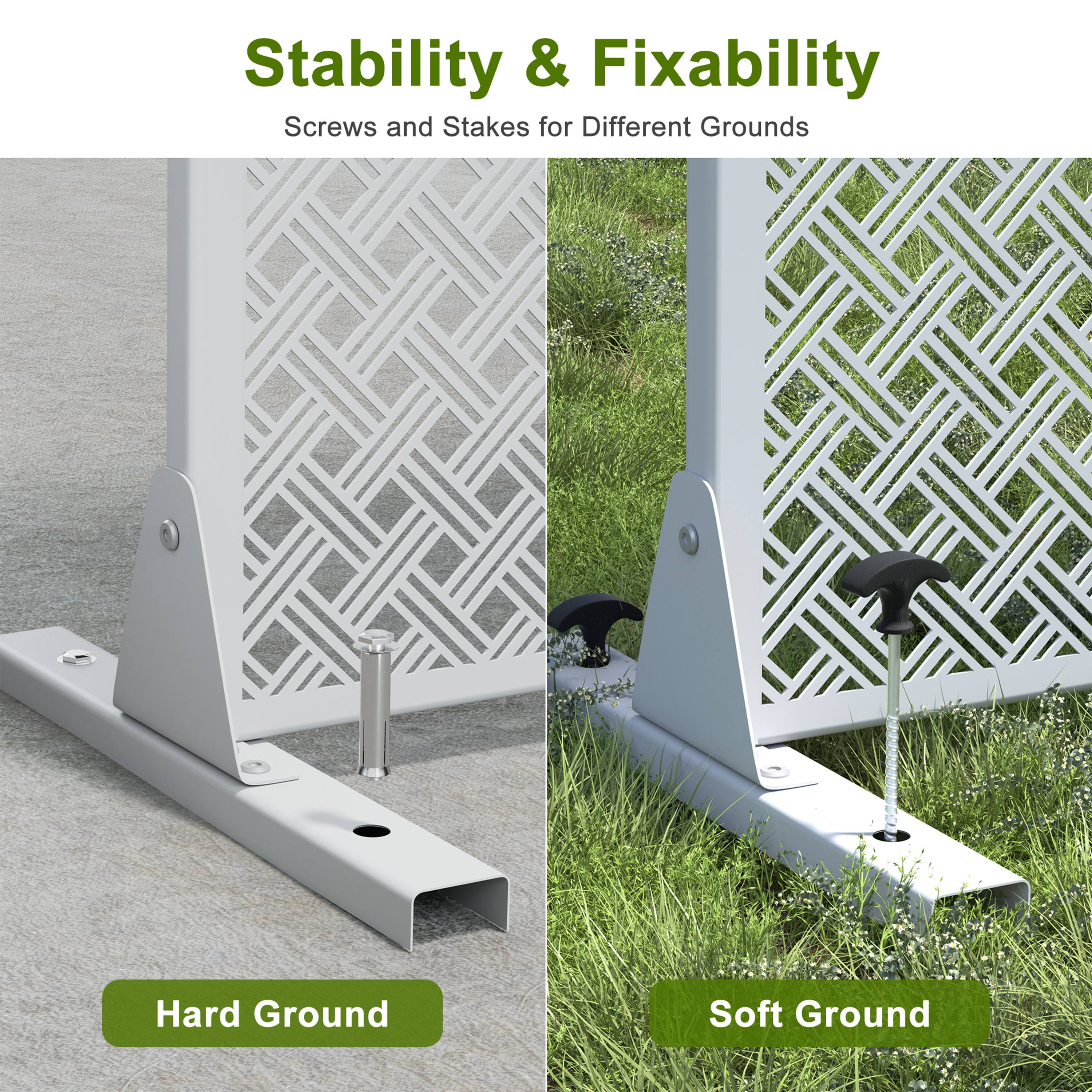 Stability & Fixability  
Screws and Stakes for Different Grounds  

Hard Ground  
Soft Ground