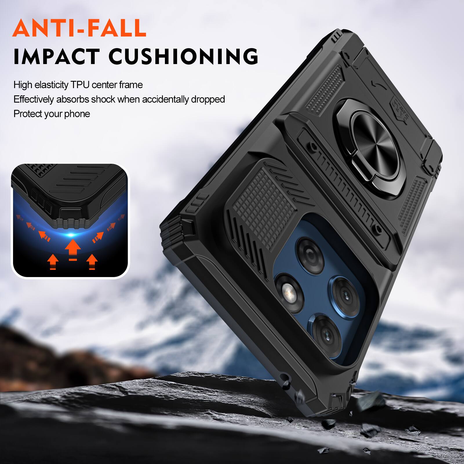 ANTI-FALL IMPACT CUSHIONING

High elasticity TPU center frame
Effectively absorbs shock when accidentally dropped
Protect your phone