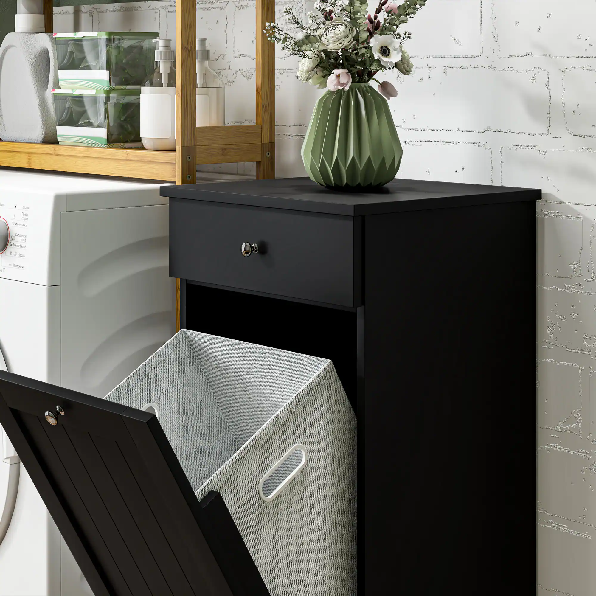 Alt View 5. Homcom - Laundry Cabinet with Removable Basket, Tilt Out Laundry Hamper with Drawer and Beadboard Door, Bathroom Hamper Cabinet - Black.