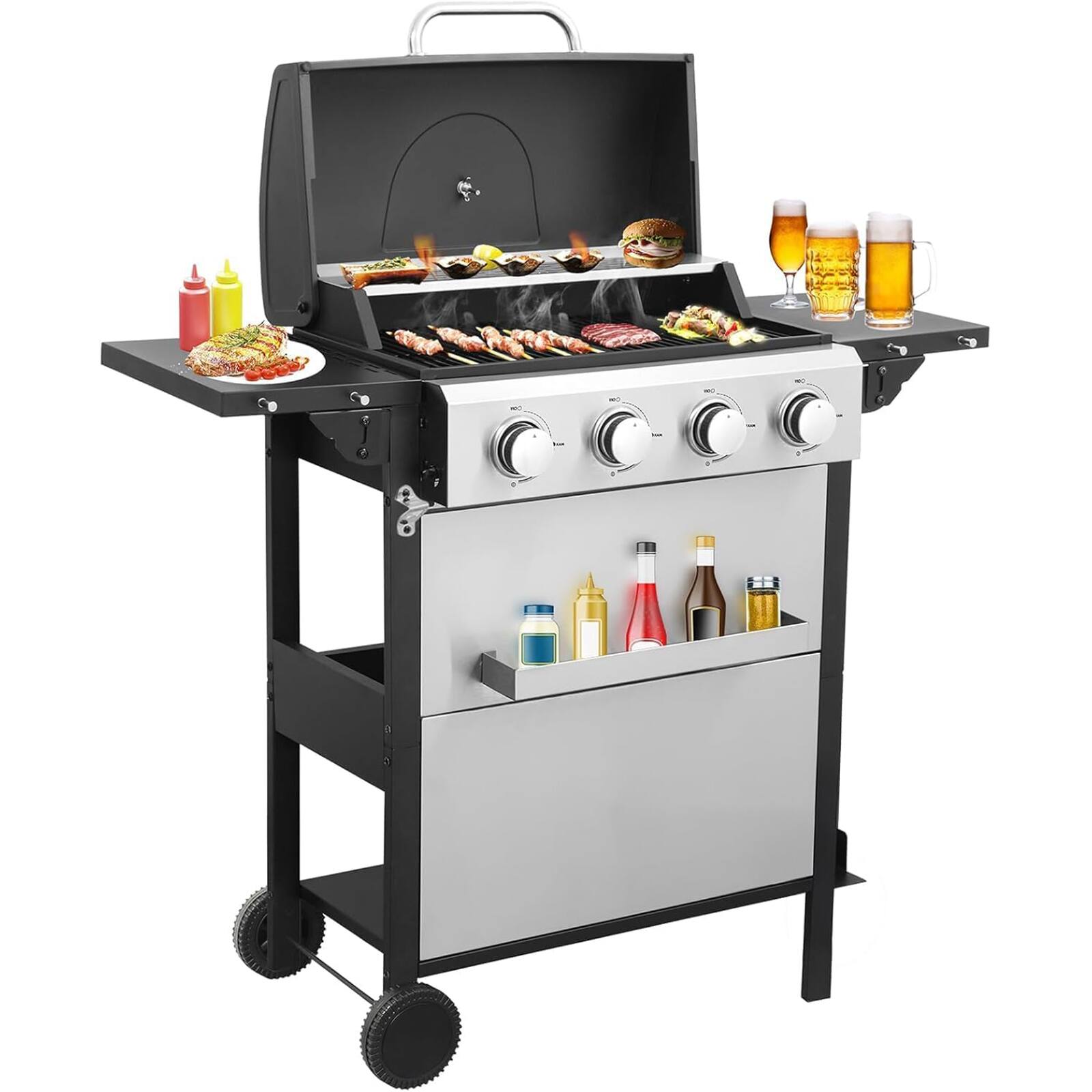 Chateau Abodes - 4-Burner Propane Gas Grill, 34,200 BTU, Stainless Steel Control Panel, Easy Ignition, 2 Enameled Grids - Black, Sliver