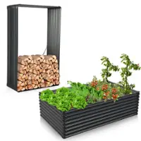 Costway - 2 PCS Galvanized Raised Garden Bed Outdoor Planter Box Firewood Rack Log Holder - Dark Grey - Front_Zoom