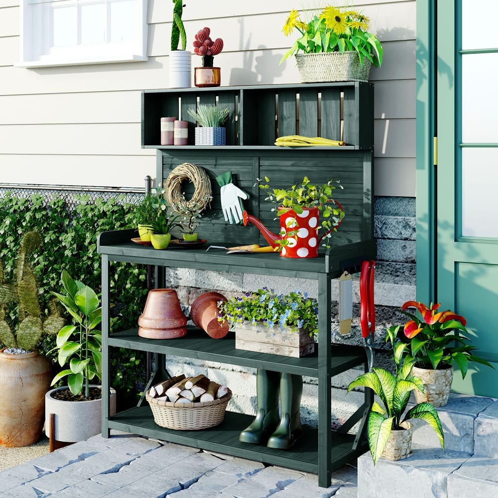 Loheer - Wooden Potting Bench Outdoor Garden Workstation with Shelves - Green price history on PriceWatchPro