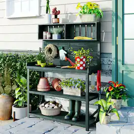 Loheer - Wooden Potting Bench Outdoor Garden Workstation with Shelves - Green