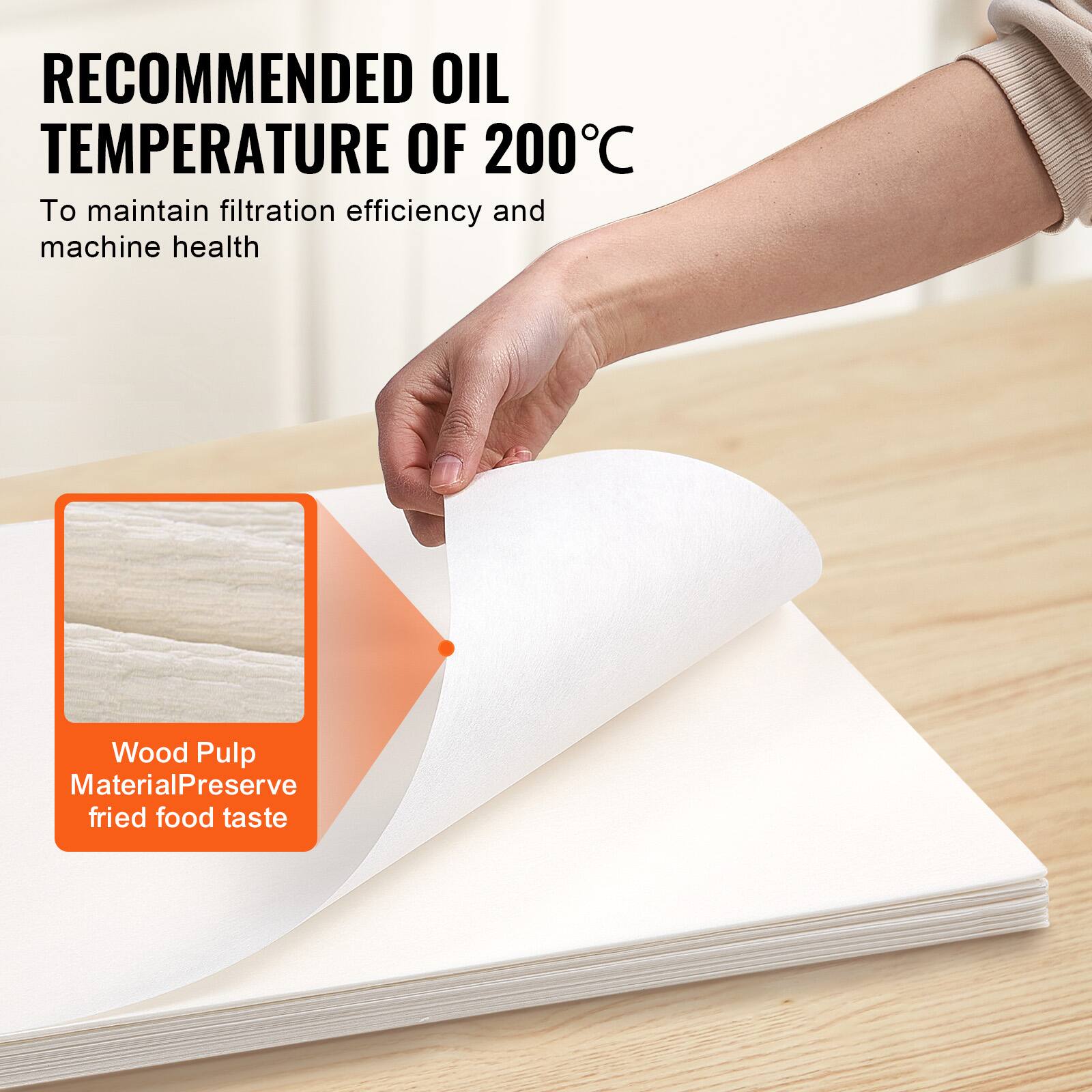 RECOMMENDED OIL TEMPERATURE OF 200°C  
To maintain filtration efficiency and machine health  

Wood Pulp Material  
Preserve fried food taste