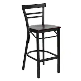 Emma + Oliver - Two-Slat Ladder Back Metal Restaurant Dining Barstool - Mahogany Wood Seat/Black Metal Frame
