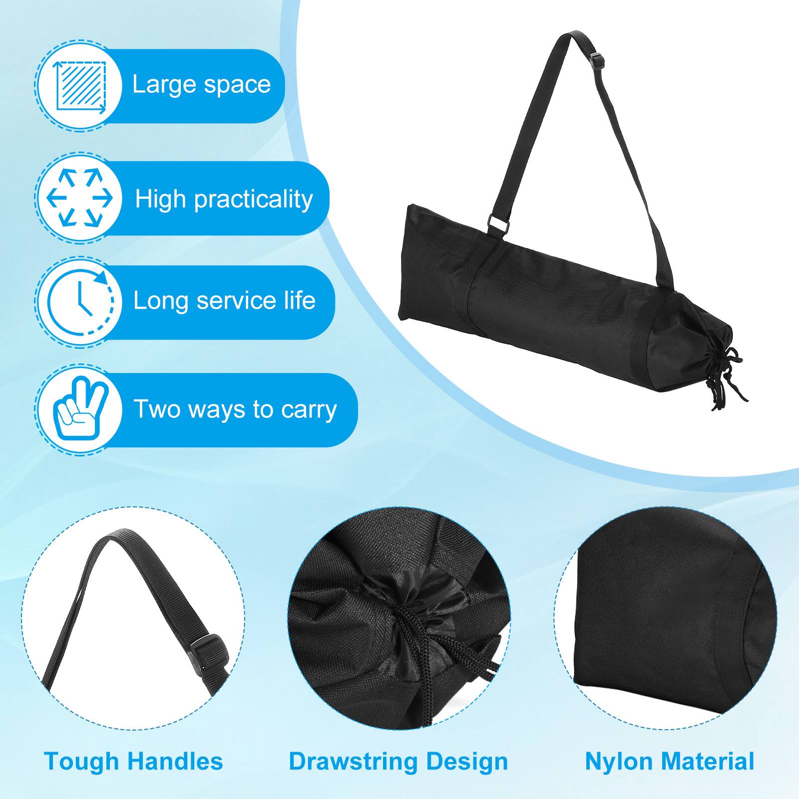 - Large space
- High practicality
- Long service life
- Two ways to carry
- Tough Handles
- Drawstring Design
- Nylon Material