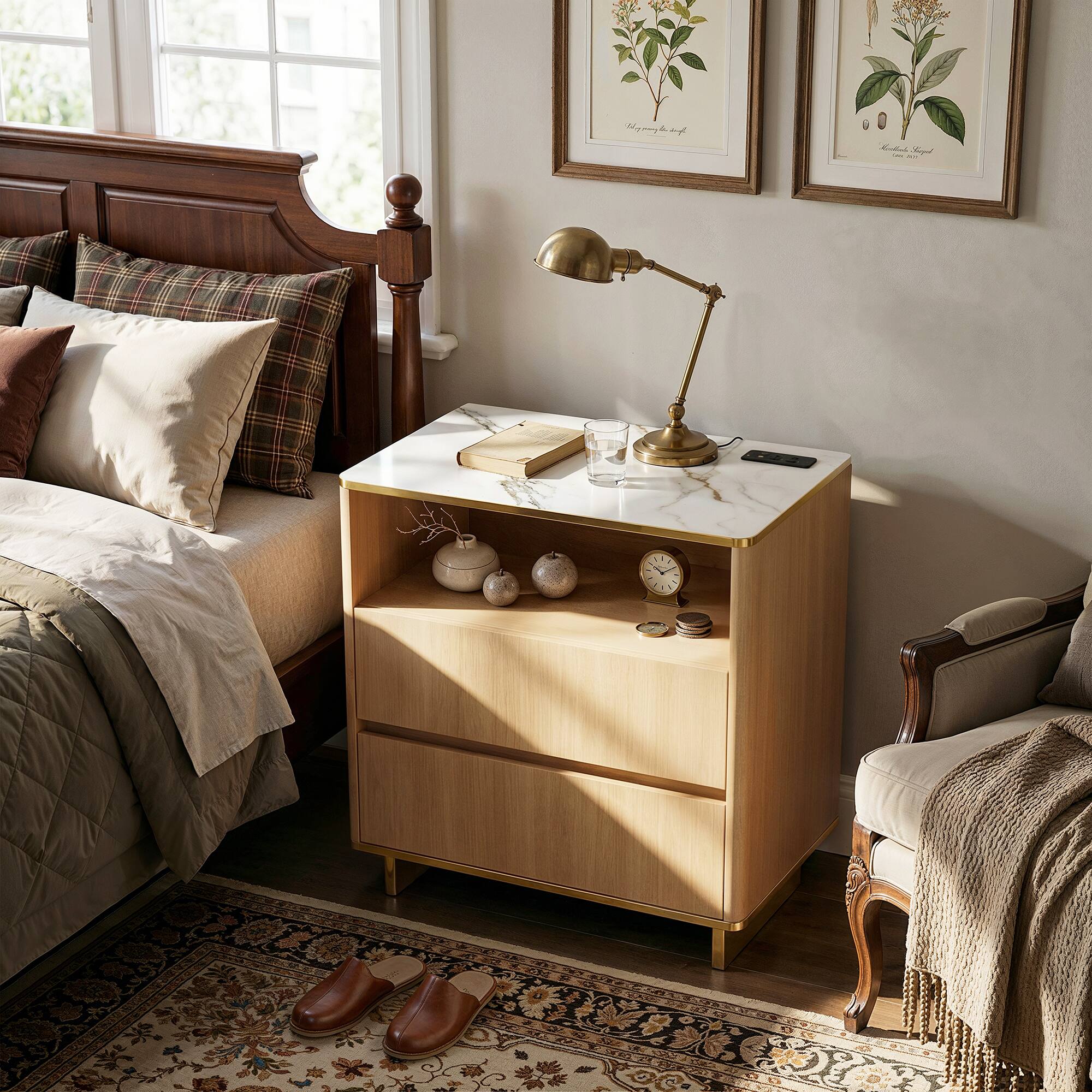 Back. Famapy - Modern Nightstand with LED Light & Charging Hub, Marble-Top Bedside Cabinet with Gold Legs & 2 Drawers Furniture - Wooden.