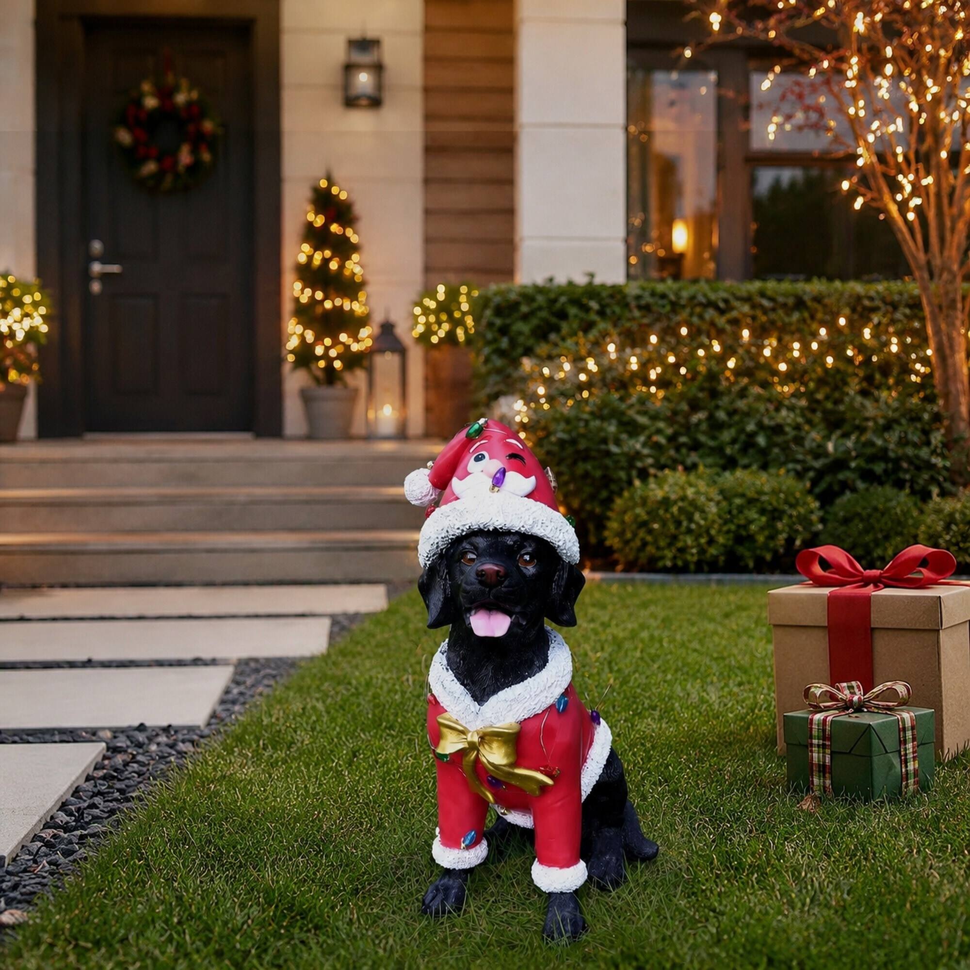 Angle. RYHNUYNE - Black Labrador Retriever Christmas Statue in Santa Outfit with Holiday Accents for Festive Home Display - Black.