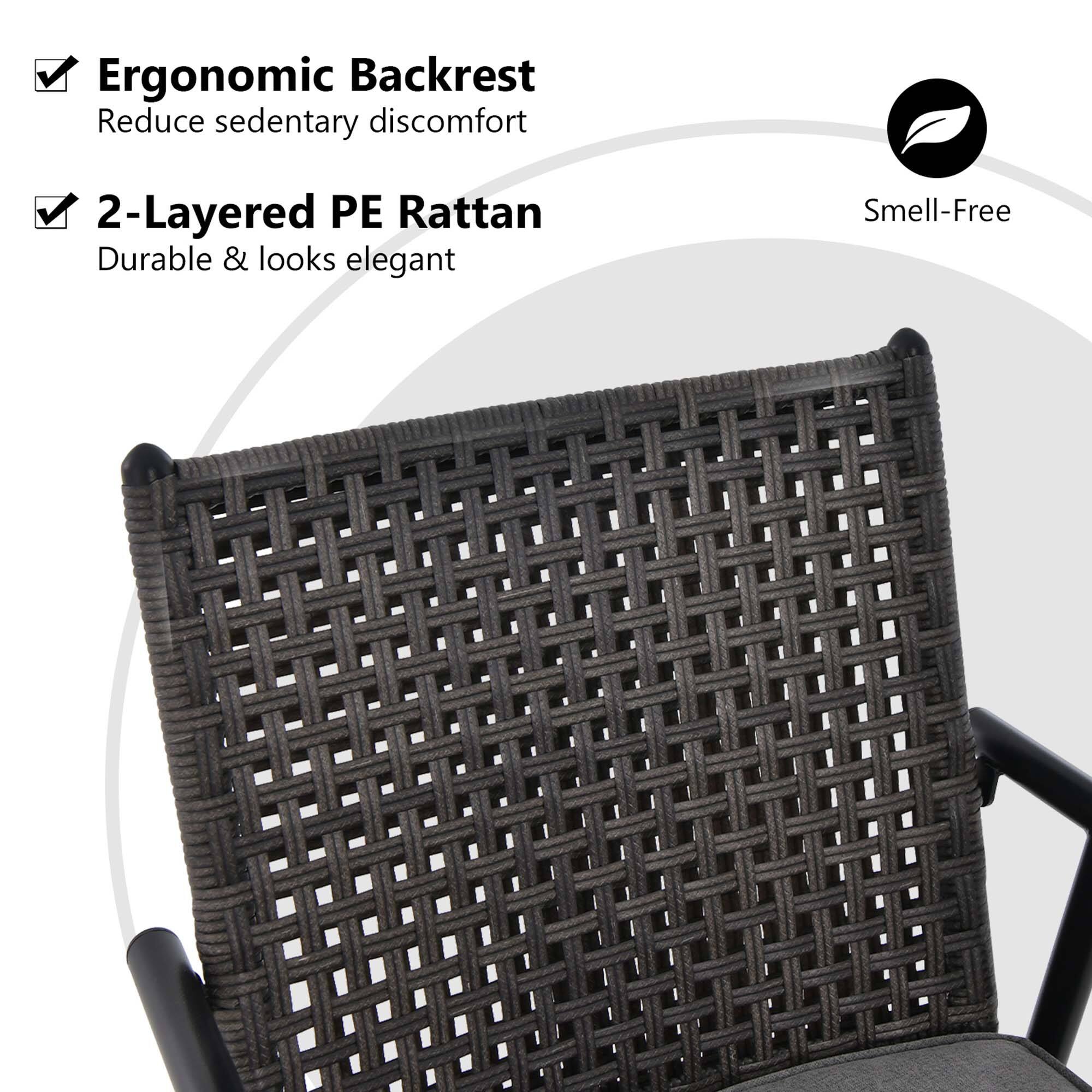 - Ergonomic Backrest  
  Reduce sedentary discomfort

- 2-Layered PE Rattan  
  Durable & looks elegant

- Smell-Free