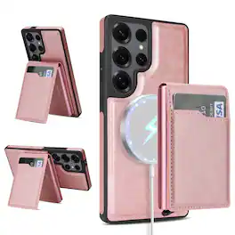 Dteck - Magnetic Wallet Case for Samsung Galaxy S25 Ultra,Mag Safe Shockproof Phone Cover with Detachable Pop-Up Card Holder - Pink