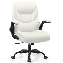 KERDOM - PU Leather Ergonomic Home Desk Chair, Tilt Small Computer Chair Adjustable Height, Rolling Swivel & Flip-Up Padded Arms - White