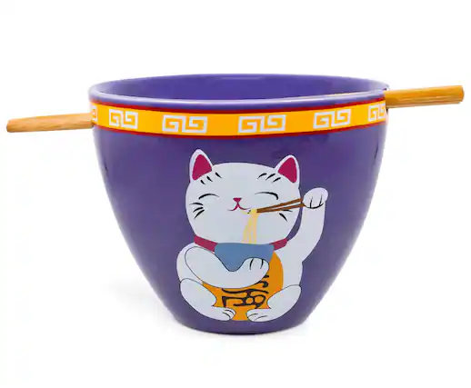 Front. Boom Trendz - Bowl Bop Purple Lucky Cat Japanese Dinner Set | 16-Ounce Ramen Bowl, Chopsticks - Purple.