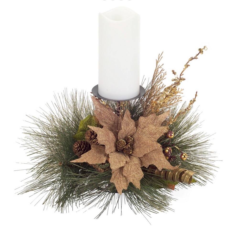 Front. Melrose - 19" Green and Brown Poinsettia Pine Cone Christmas Candle Holder - Green.