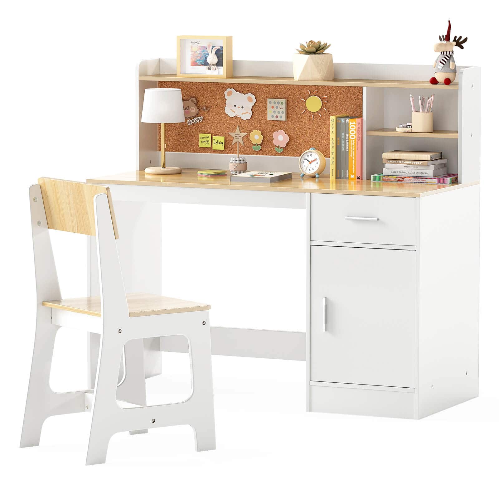 Costway - Kids Study Desk and Chair Set Wooden Children Writing Table with Shelves & Drawer - Beige