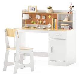 Costway - Kids Study Desk and Chair Set Wooden Children Writing Table with Shelves & Drawer - Beige