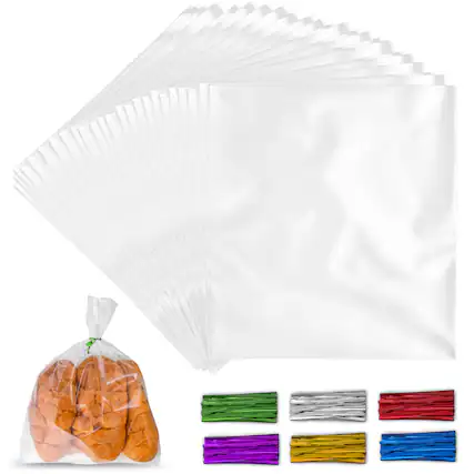Front. Zulay Kitchen - Simple Craft 200 Pack Candy Treat Cellophane bags - 8x10 Inches Thick Plastic Candy Bags With Ties For Goodie Bags - Clear.