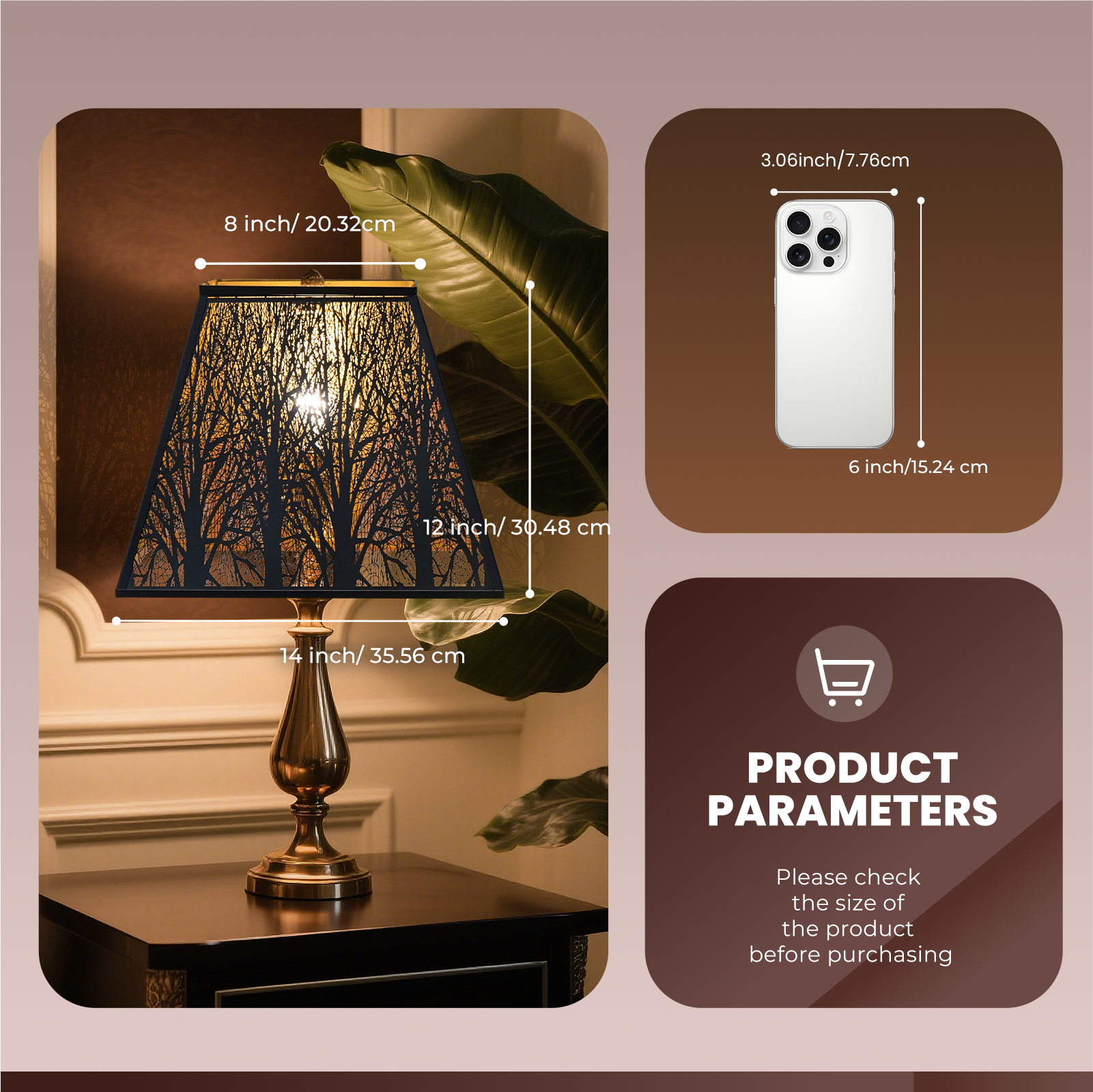 3.06 inch/7.76cm, 6 inch/15.24 cm, 8 inch/20.32cm, 12 inch/30.48 cm, 14 inch/35.56 cm, PRODUCT PARAMETERS, Please check the size of the product before purchasing