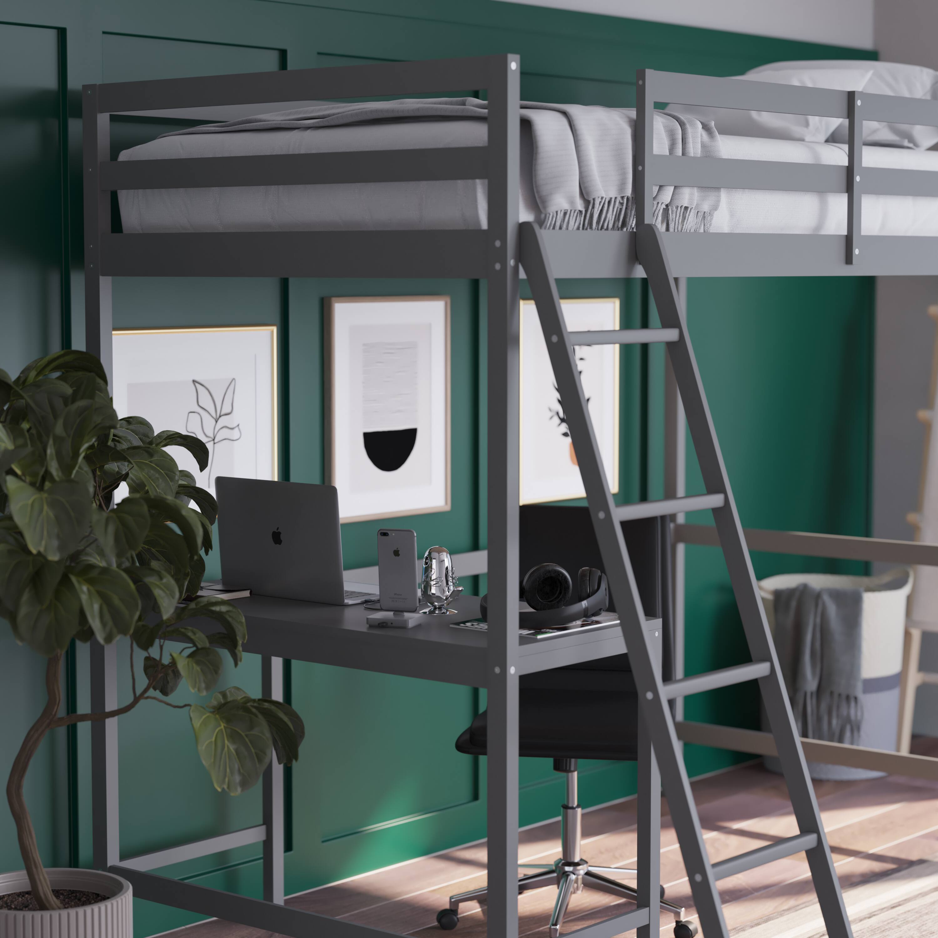 Alt View 3. Emma + Oliver - Wooden Loft Bed Frame with Integrated Desk and Ladder - Light Gray.