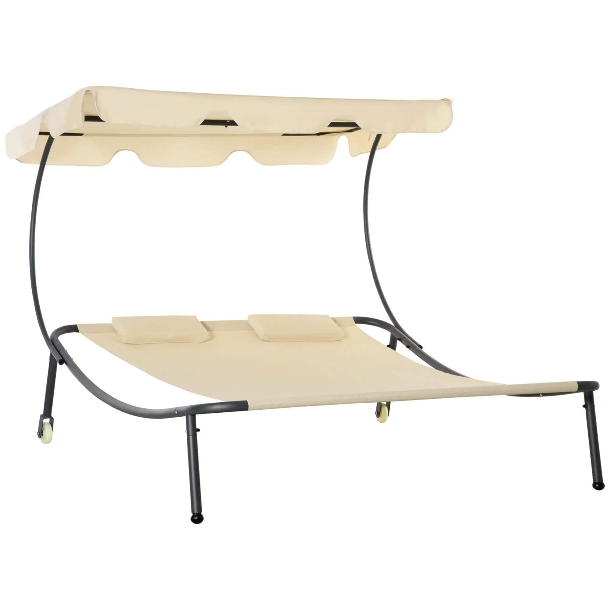 Resenkos - Patio Double Chaise Lounge Chair, Outdoor Wheeled Hammock Daybed With Adjustable Canopy and Pillow - Beige