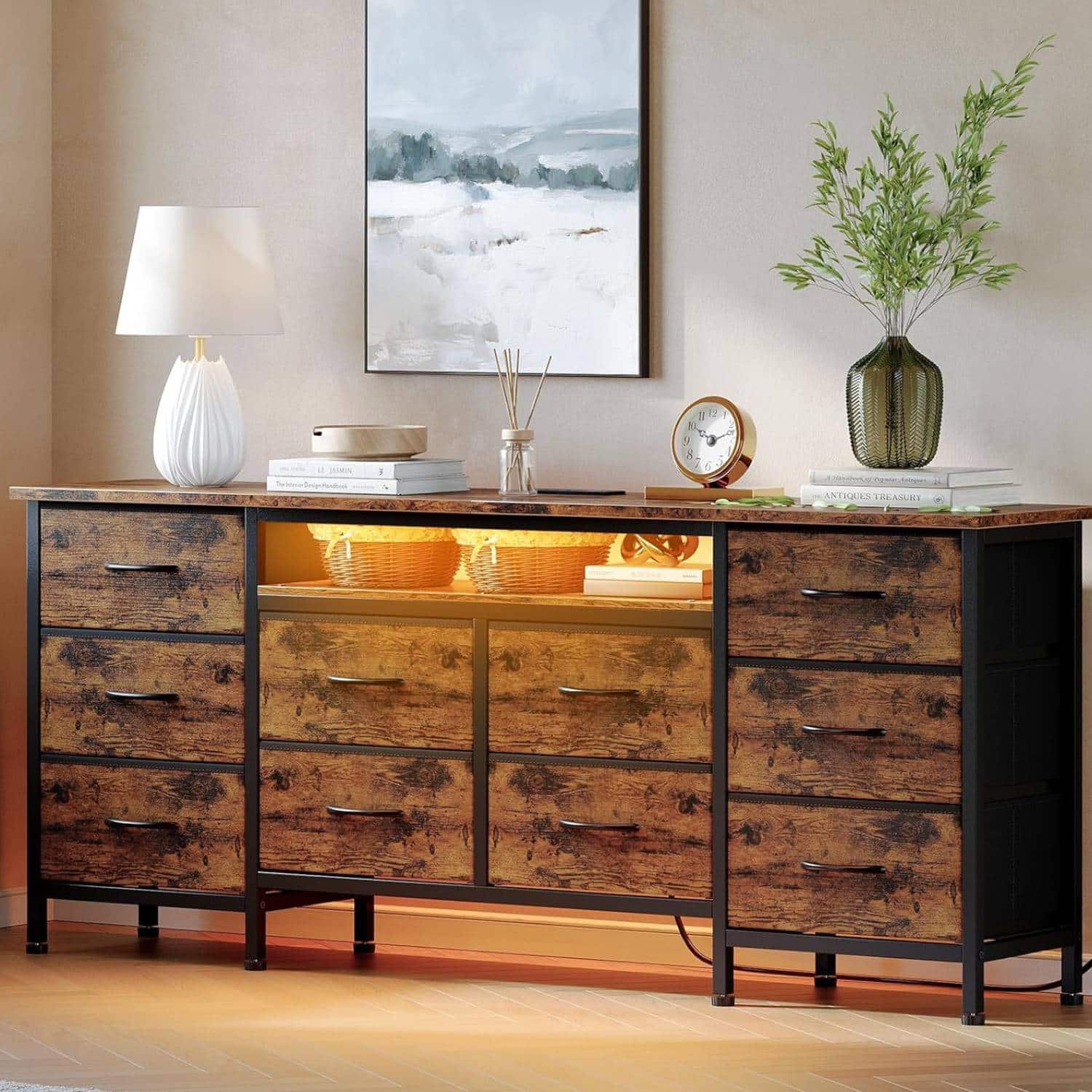 Acekool - 63 Inch Long Dresser TV Stand with 10 Fabric Drawers for 65-75 Inch TVs - Brown