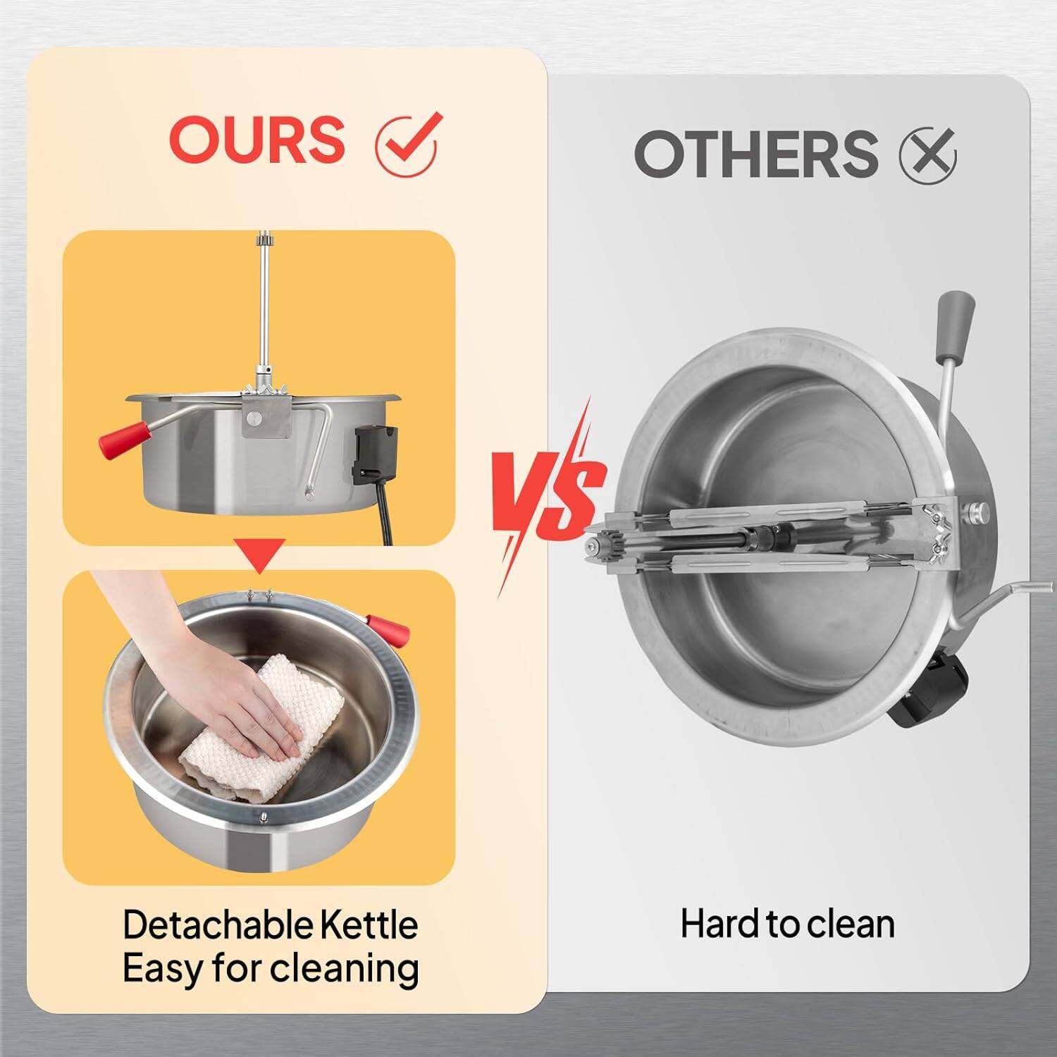 OURS  
✅  
Detachable Kettle  
Easy for cleaning  

VS  

OTHERS  
❌  
Hard to clean