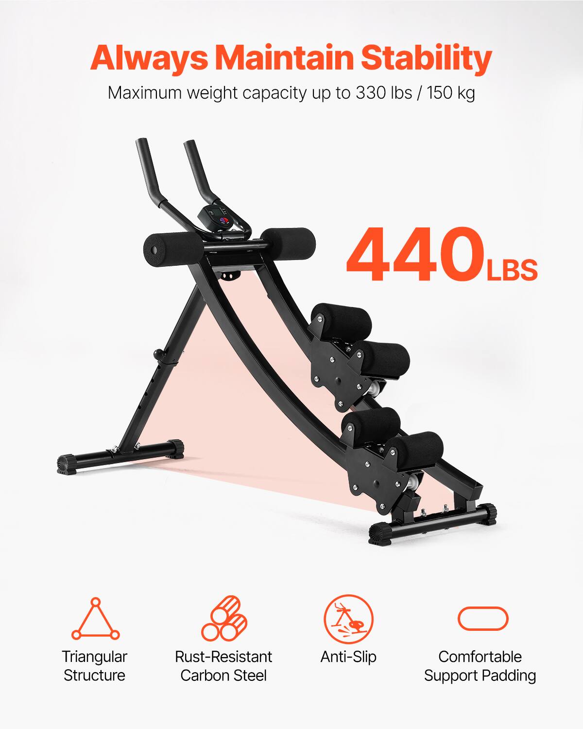 Always Maintain Stability  
Maximum weight capacity up to 330 lbs / 150 kg  

440 LBS  

- Triangular Structure  
- Rust-Resistant Carbon Steel  
- Anti-Slip  
- Comfortable Support Padding