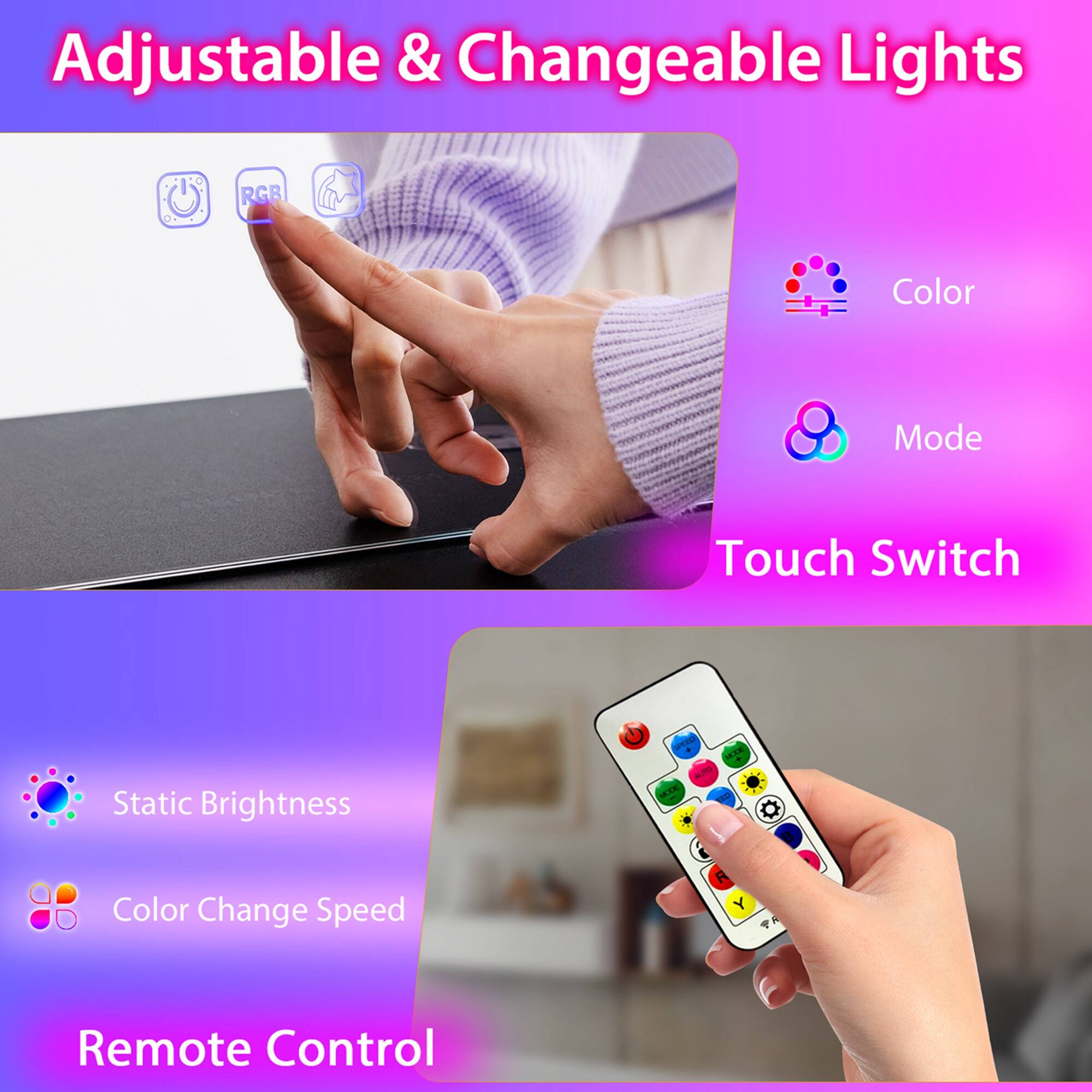 Adjustable & Changeable Lights RGB Color Mode Touch Switch Static Brightness Color Change Speed Remote Control