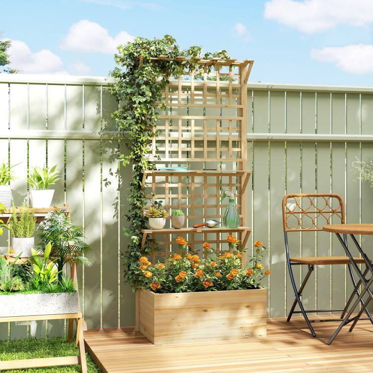 Alt View 1. PULUZ - Wooden Raised Garden Bed with Trellis and Roof, Elevated Planter Box with 2 Shelves, Drainage Hole and Liner - Natural.
