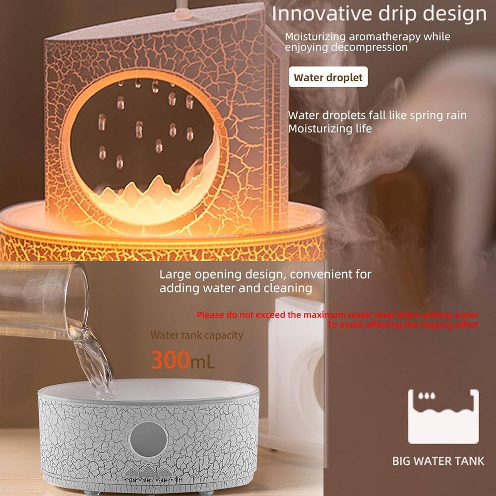 Innovative drip design  
Moisturizing aromatherapy while enjoying decompression  

Water droplet  
Water droplets fall like spring rain  
Moisturizing life  

Large opening design, convenient for adding water and cleaning  
Please do not exceed the maximum water level when adding water to avoid affecting the fogging effect  

Water tank capacity  
300mL  

BIG WATER TANK