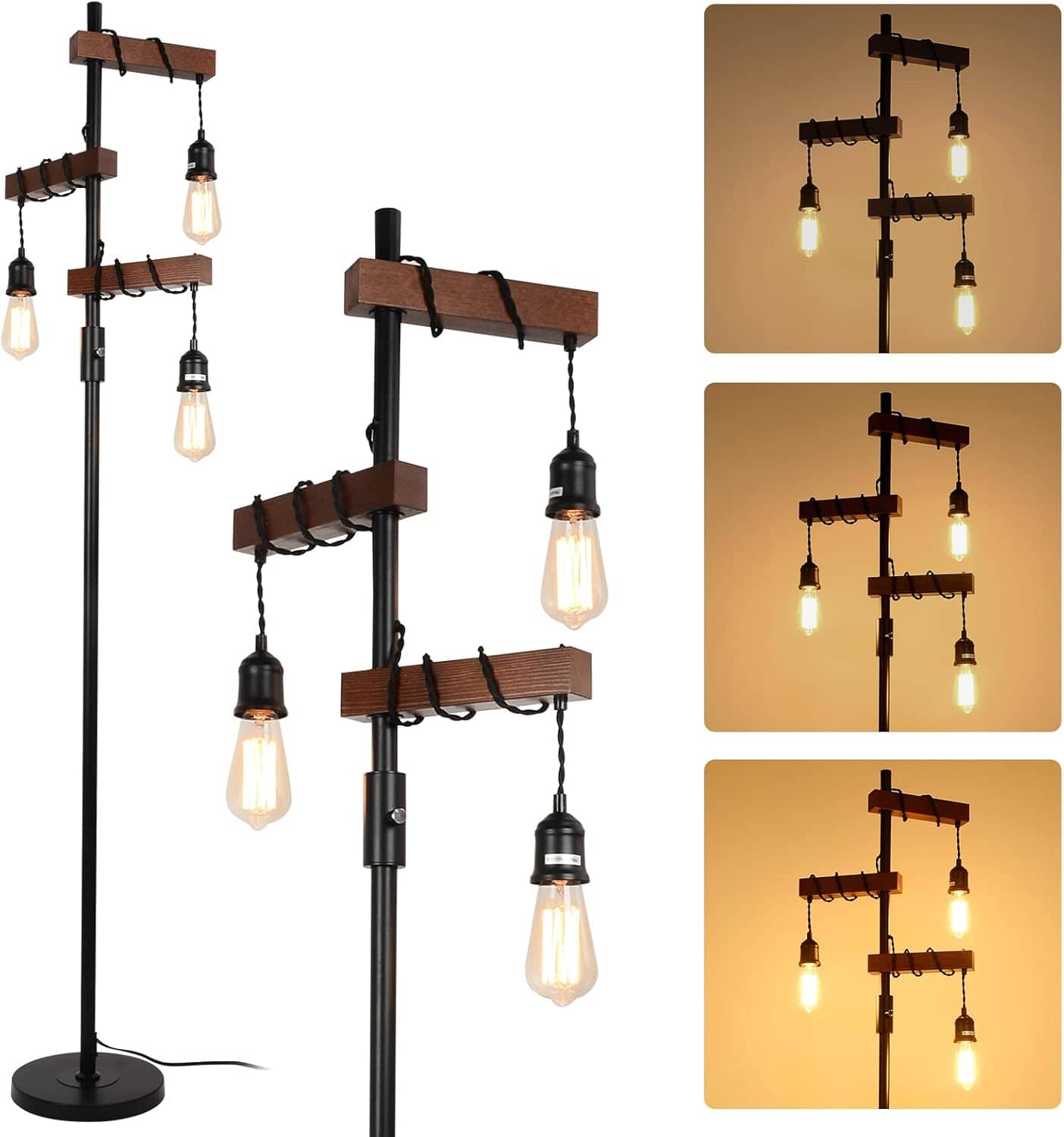 Z-Edge - Dimmable Industrial Floor Lamp, Farmhouse Tree Floor Lamp, 67.7 Inch 3 Lights Wood Standing Lamp for Living Room Bedroom - Black