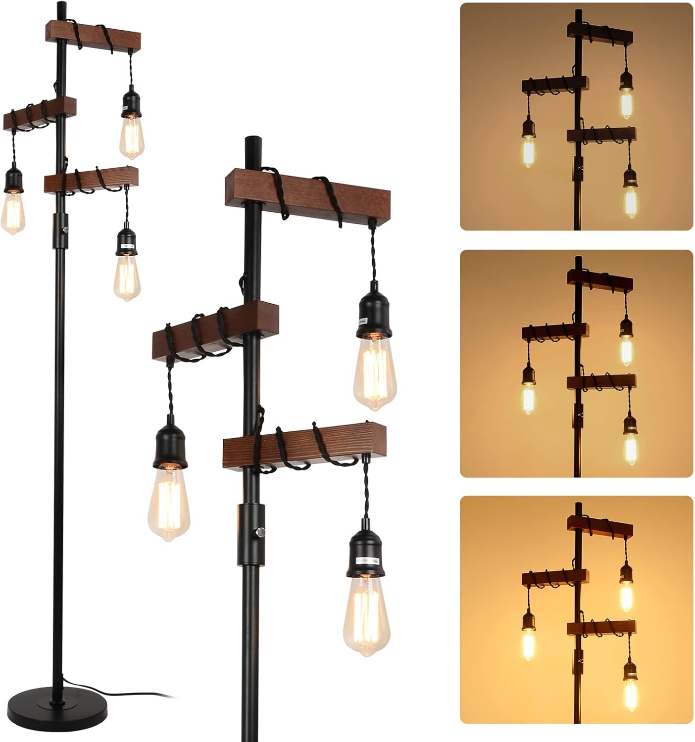Front. Ecooso - Dimmable Industrial Floor Lamp, 68-Inch Farmhouse Tree Floor Lamp with 3 Lights and Sturdy Wood Base - Natural & Caramel.