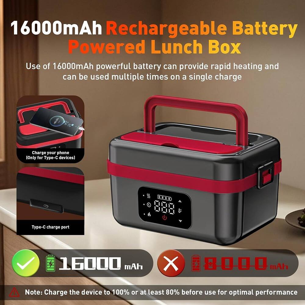 16000mAh Rechargeable Battery Powered Lunch Box

Use of 16000mAh powerful battery can provide rapid heating and can be used multiple times on a single charge

Charge your phone (Only for Type-C devices)

Type-C charge port

16000 mAh

8000 mAh

Note: Charge the device to 100% or at least 80% before use for optimal performance