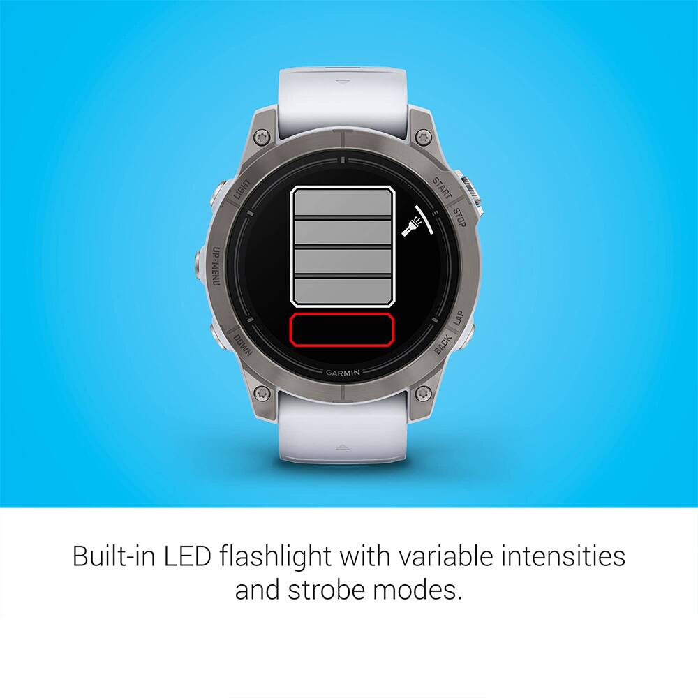 UP-MENU LIGHT - DOWN  
GARMIN START !   STOP LAP BACK  

Built-in LED flashlight with variable intensities and strobe modes.