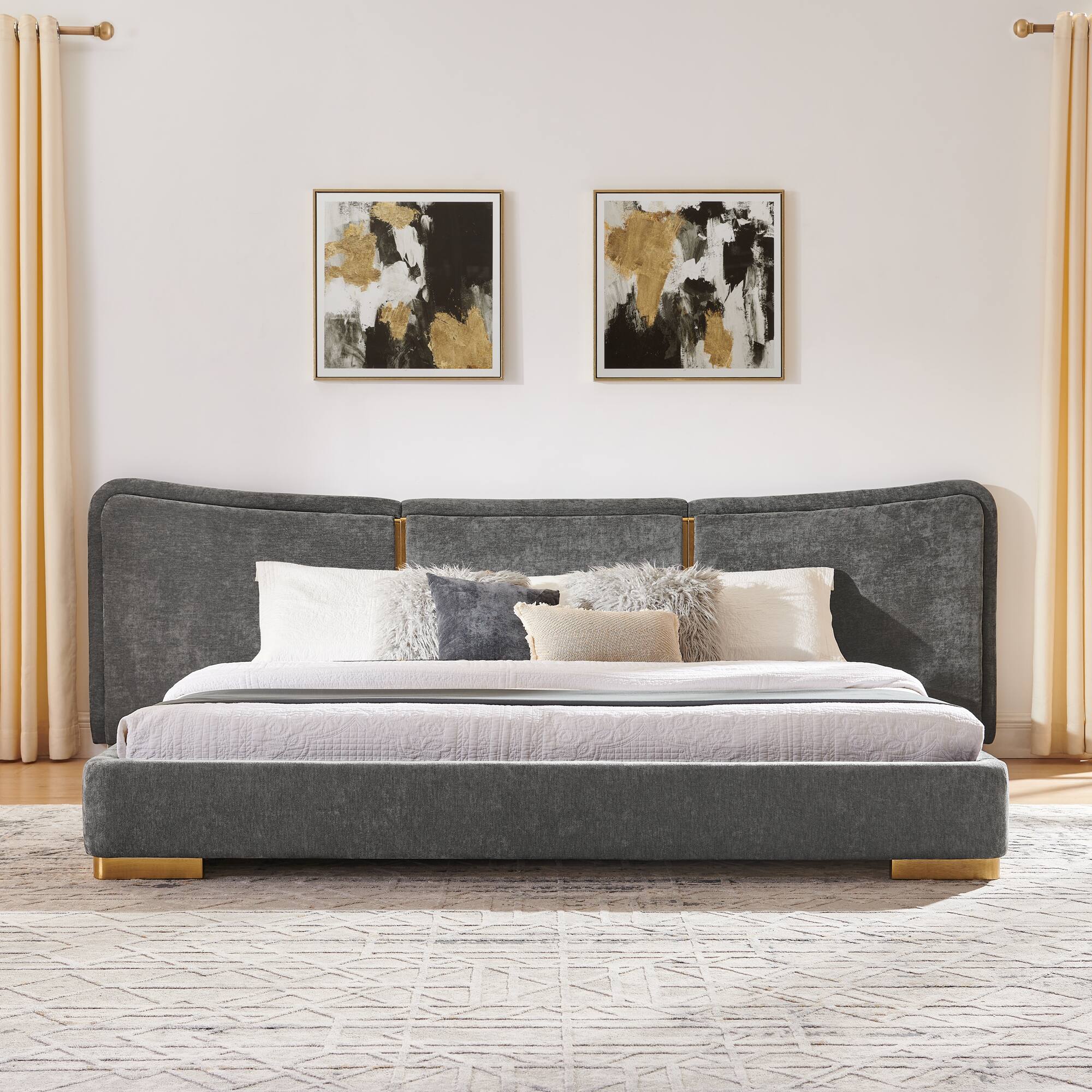 Angle. Whisen - Upholstered Platform Bed,Soft Chenille Fabric Frame with Curved Headboard & Metal Legs - Dark Gray.