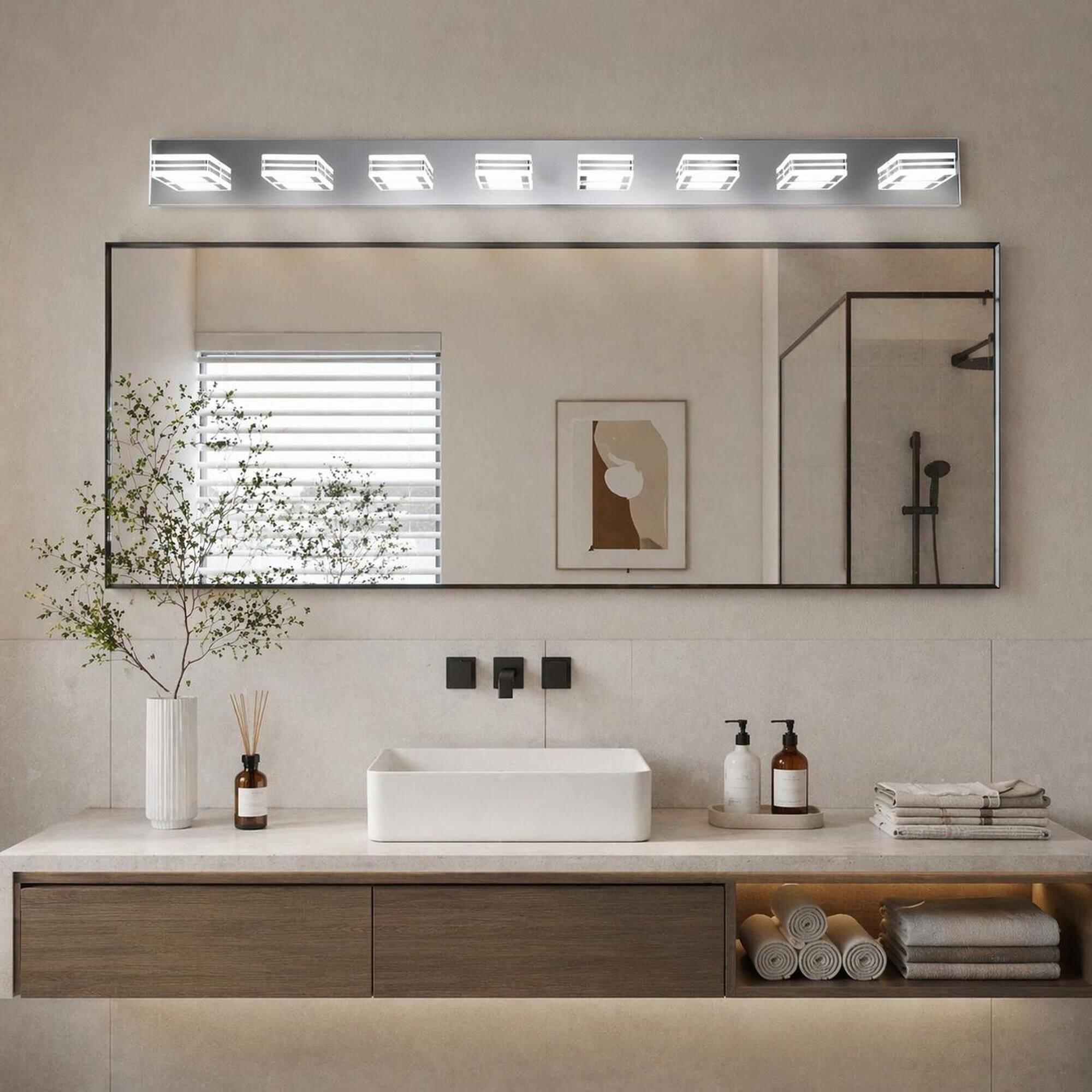 Angle. RYHNUYNE - 52" Modern Chrome 8‑Light LED Vanity Light,Square Acrylic Shade Wall Mount Bathroom Vanity Light Fixture for Bath - Chrome.