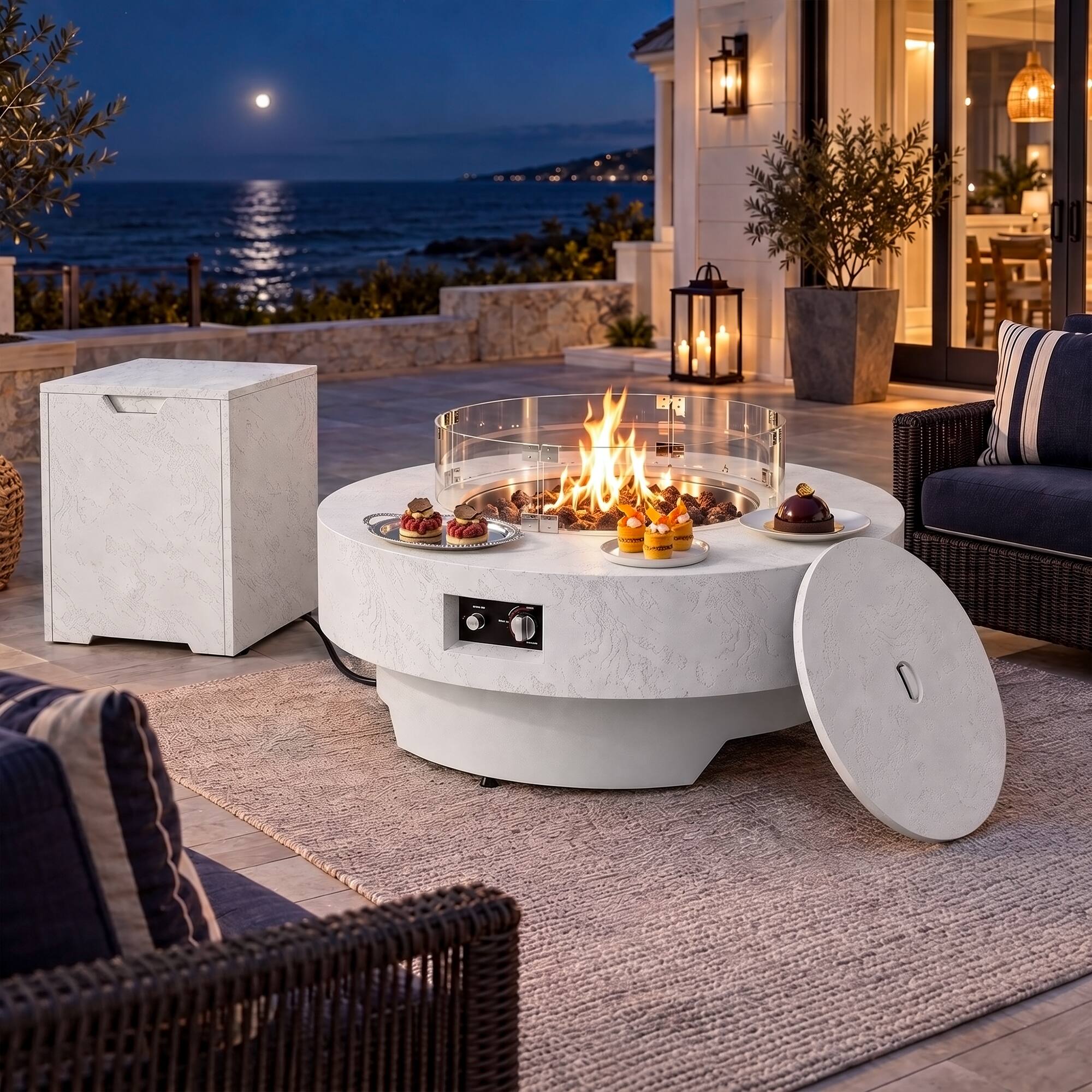 Left. Famapy - 50,000 BTU Outdoor Propane Fire Pit Table with Wind Guard, Tank Hideaway, Cover and Lava Rocks - White.