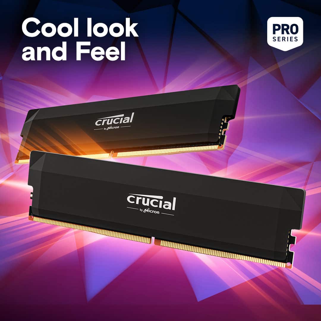 Crucial w. Micron is the brand of memory used in the Crucial Pro Series. The memory is designed to provide a cool look and feel, which is evident in the image.