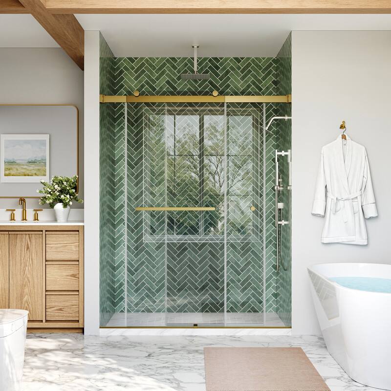 Left. WELLFOR - 56-60 in W x 74 in H Double Sliding Frameless Shower Door with 1/4 in. Clear SGCC Tempered Glass - Brushed Gold.