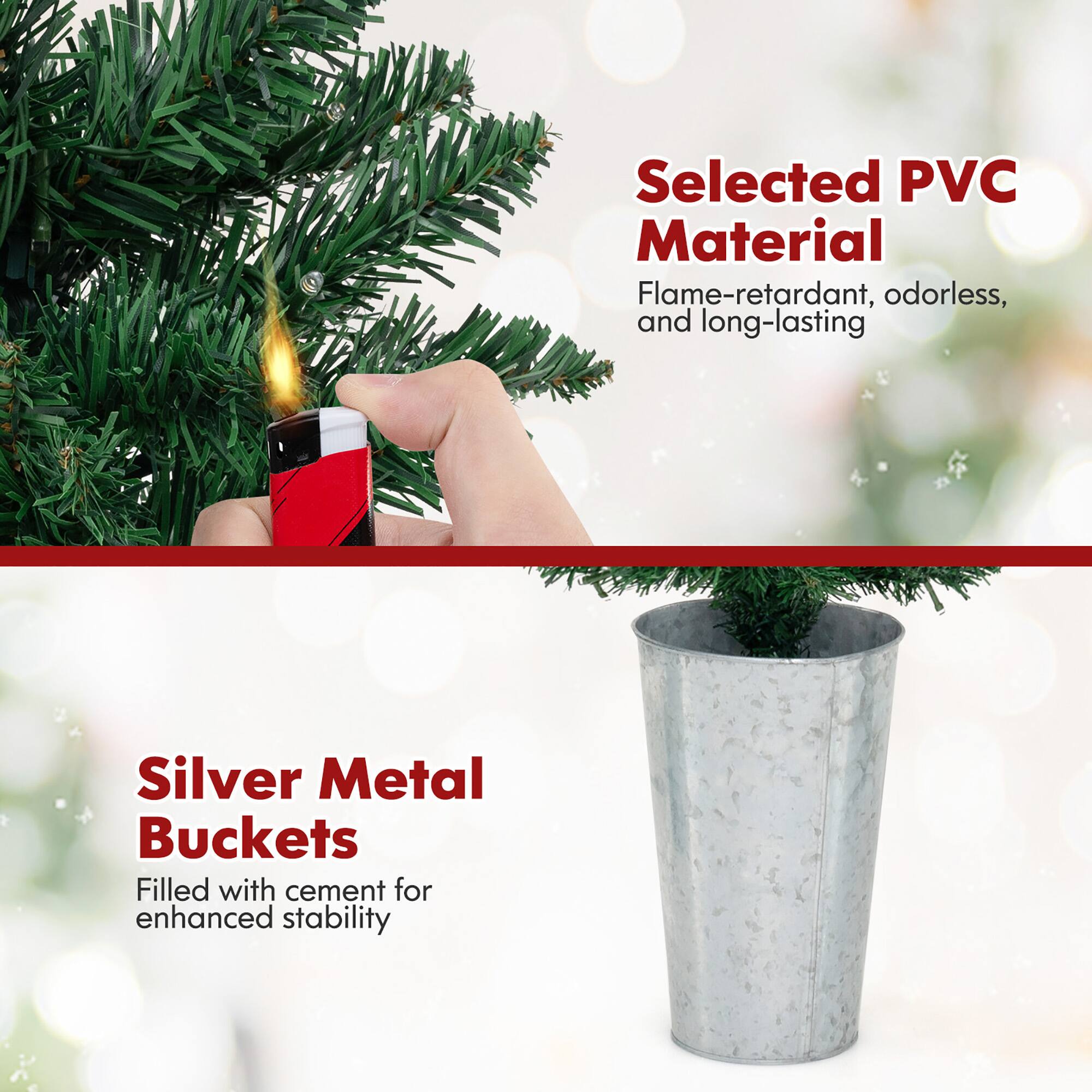 Selected PVC Material  
Flame-retardant, odorless, and long-lasting  

Silver Metal Buckets  
Filled with cement for enhanced stability