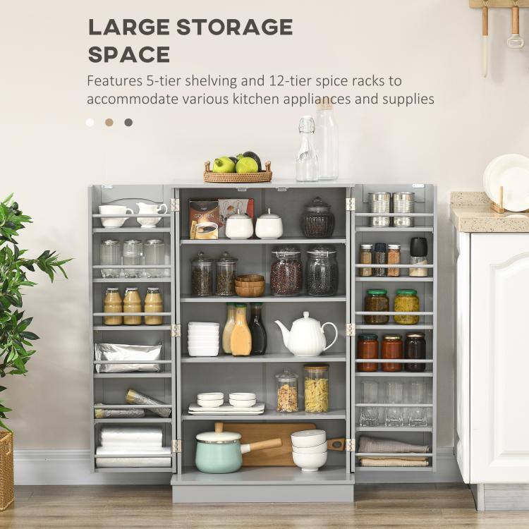 LARGE STORAGE SPACE  
Features 5-tier shelving and 12-tier spice racks to accommodate various kitchen appliances and supplies