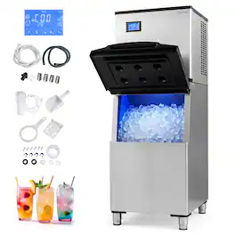 Costway - Commercial Ice Maker 450 lbs/24H Ice Machine with 250 lbs Storage Bin Self-cleaning - Silver + Black