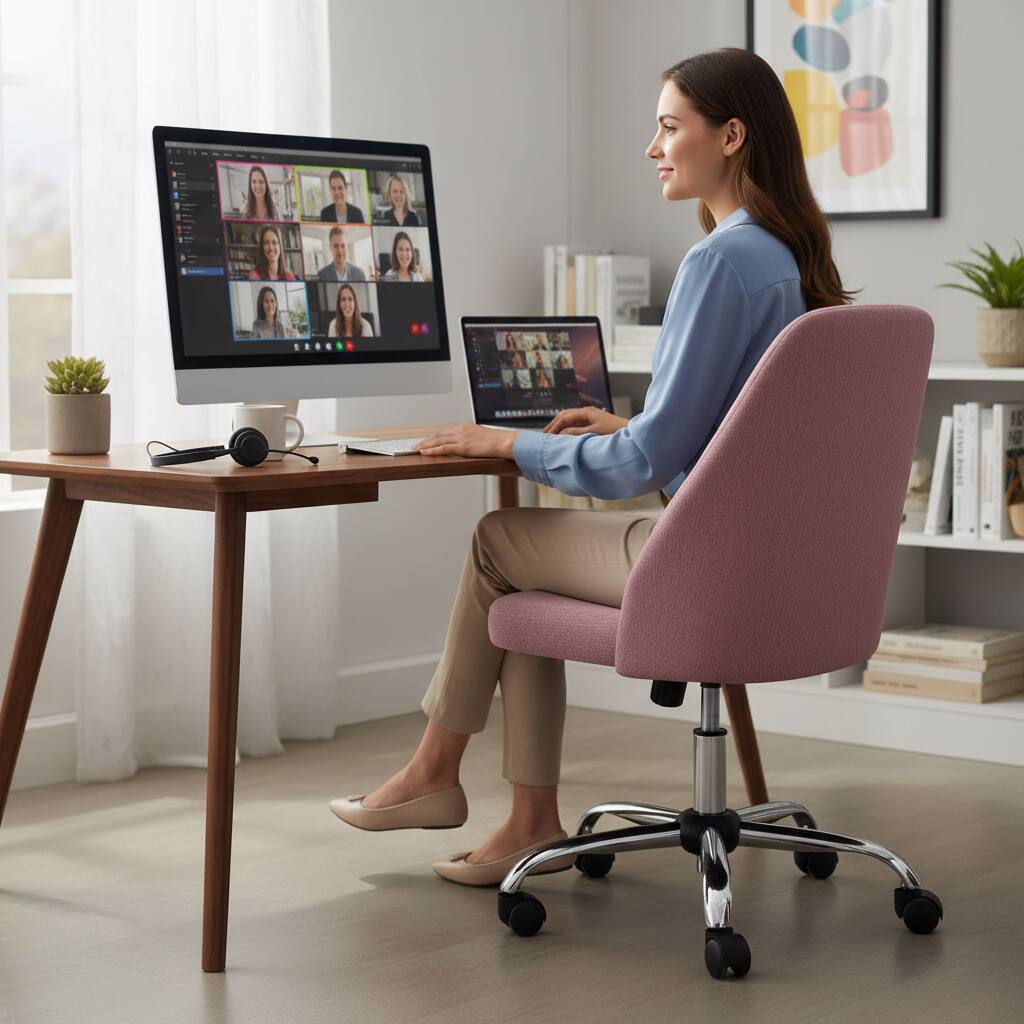 Alt View 6. AOITUN - Home Office Chair, Mid Back Armless Fabric Upholstered Desk Chair with Wheels Adjustable Swivel Vanity Chair, Pink - Pink.