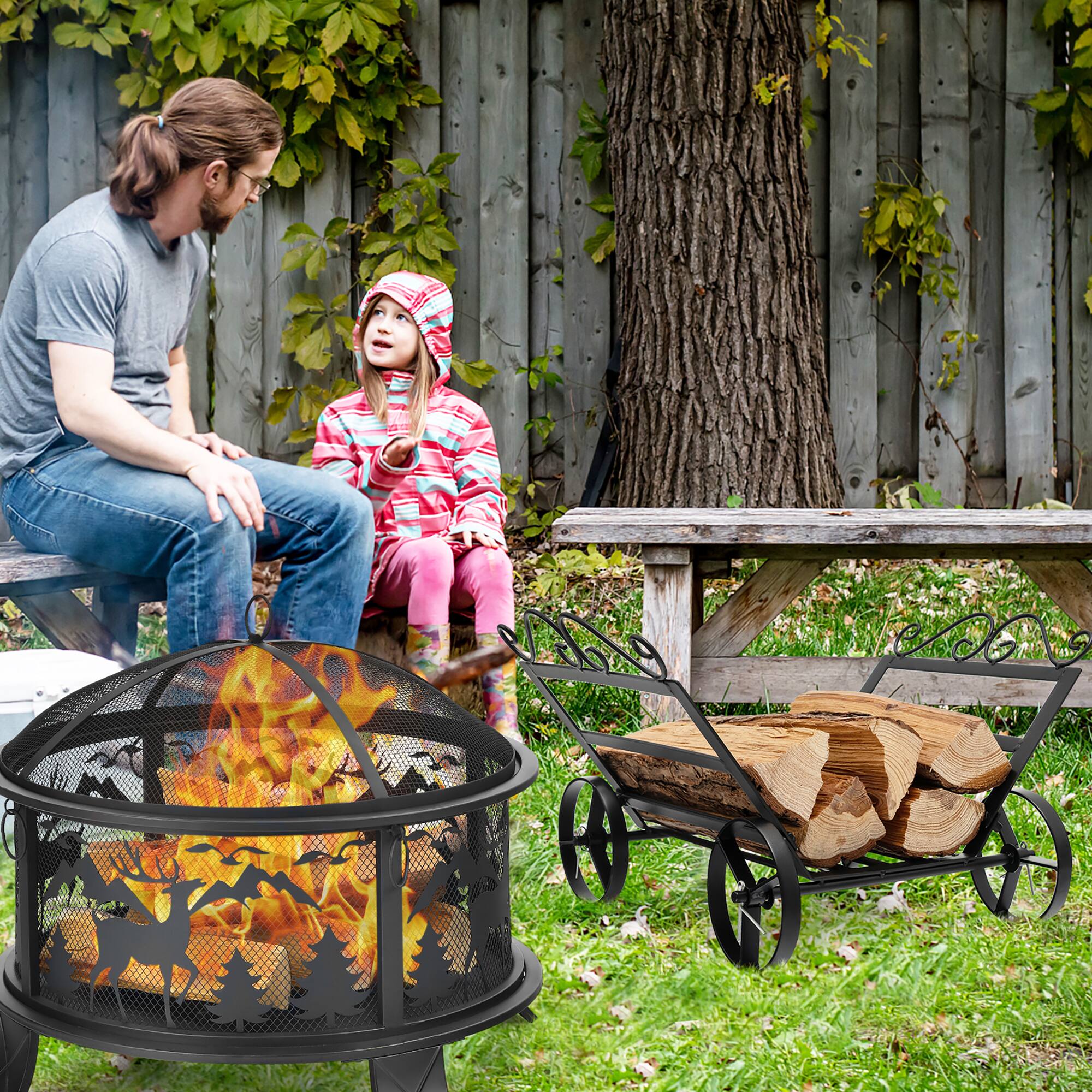 Alt View 1. Costway - Costway Firewood Storage Rack Steel Fireplace Log Holder w/ Wheels - Black.