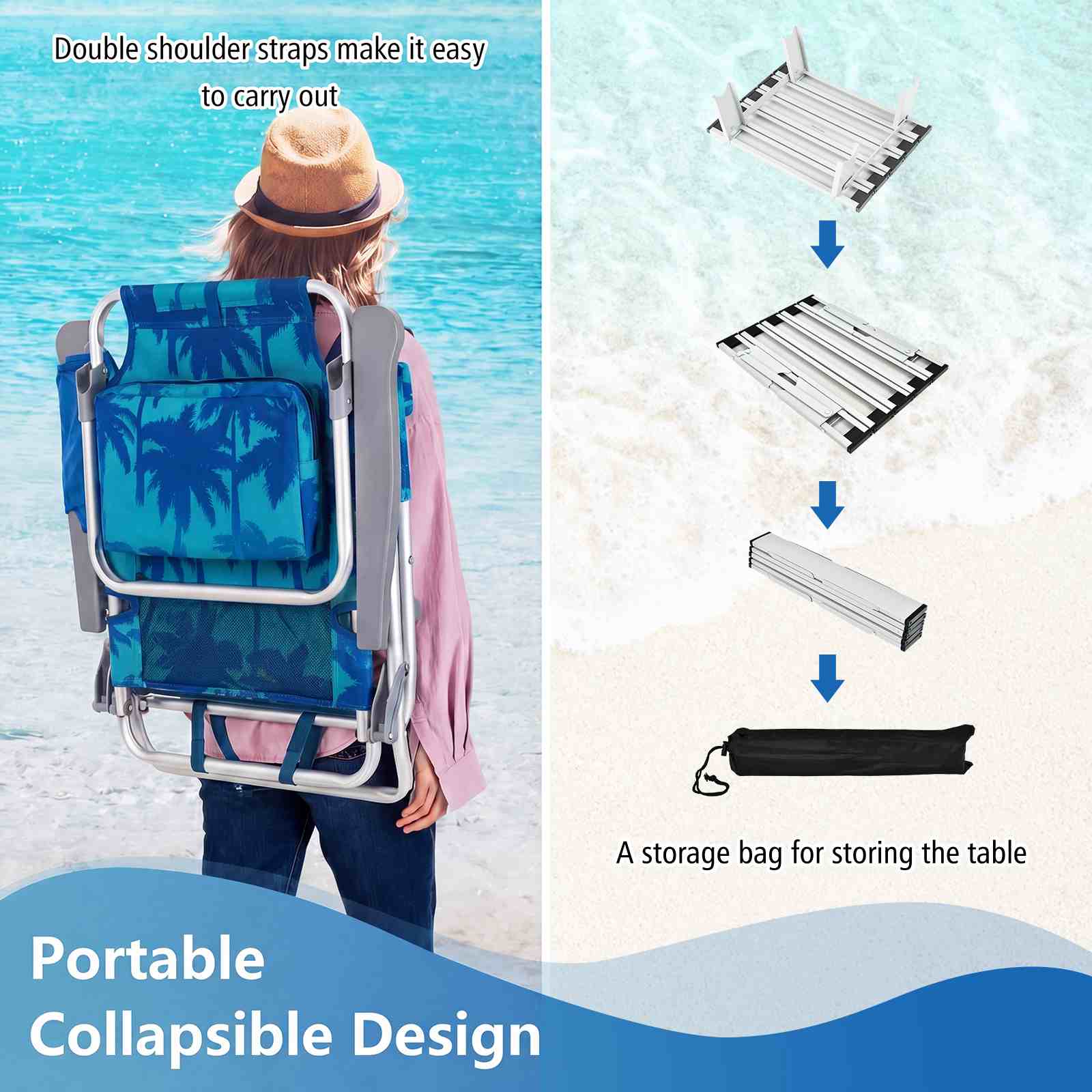 Double shoulder straps make it easy to carry out

A storage bag for storing the table

Portable Collapsible Design