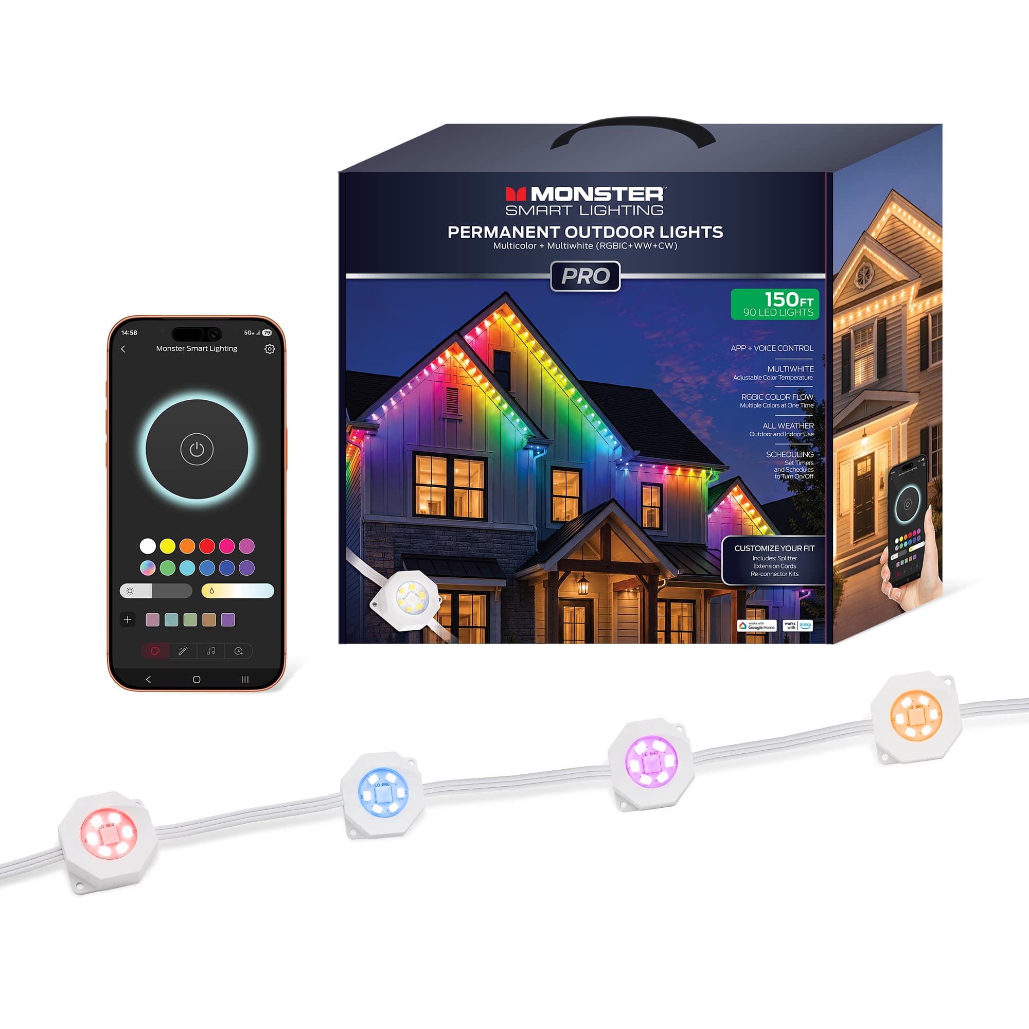 Monster - Permanent Outdoor Lights Pro, 150ft Smart LED Eaves Lights, Cut-to-Fit Spliceable Cable, Corner & Y Connectors - Multicolor price history on PriceWatchPro