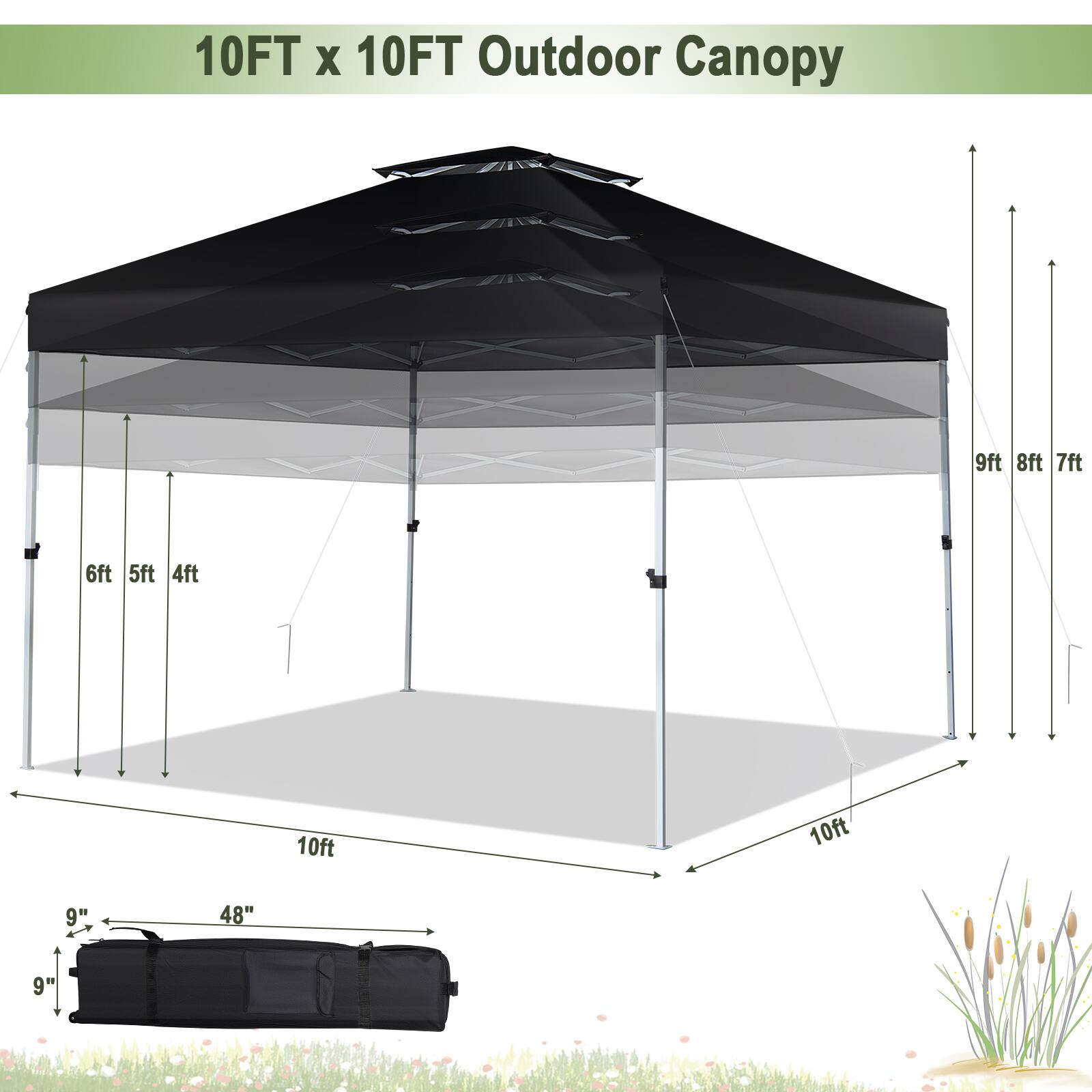 10FT x 10FT Outdoor Canopy

- Height: 9ft
- Width: 10ft
- Depth: 10ft
- Side height: 8ft, 7ft, 6ft, 5ft, 4ft
- Base: 48" x 9"