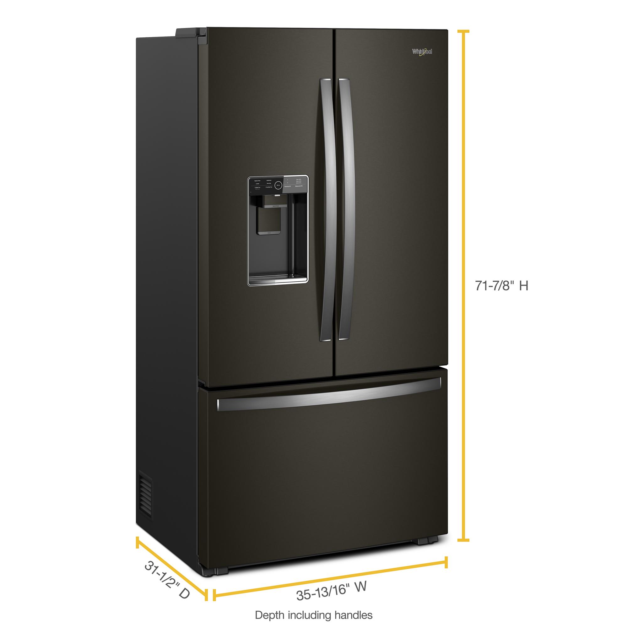 The text on the image reads: "Wgpbdl 71-7/8" H 31-1/2" D 35-13/16" W Depth including handles." This text describes the dimensions of a black refrigerator, including its height, width, and depth. The height is 71-7/8 inches, the width is 31-1/2 inches, and the depth is 35-13/16 inches. The text also indicates that the depth measurement includes the handles.
